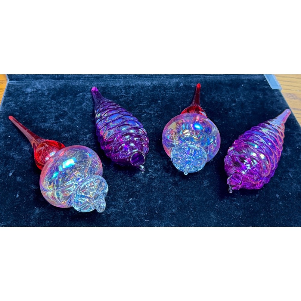 Vintage Iridescent Hand Blown Glass Christmas Ornaments: Set of 4 Purple Red